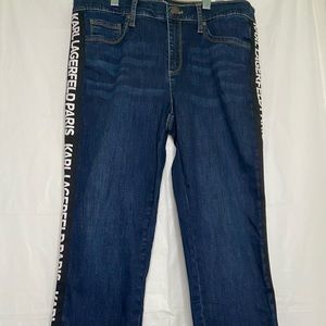 Karl Lagerfeld,straight leg dark wash spell out, Lagerfeld logo. SZ 8